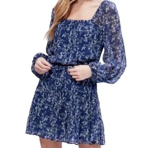 Paige 100% Silk Long Sleeve Blue Floral Mini Dress Size Small